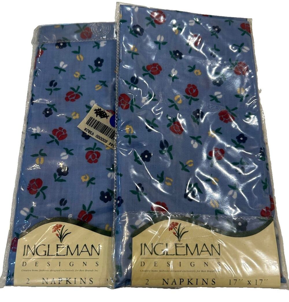 Vtg Julie Ingleman 17" Square Blue Floral Cotton Cloth Napkins Set Of 4 NEW